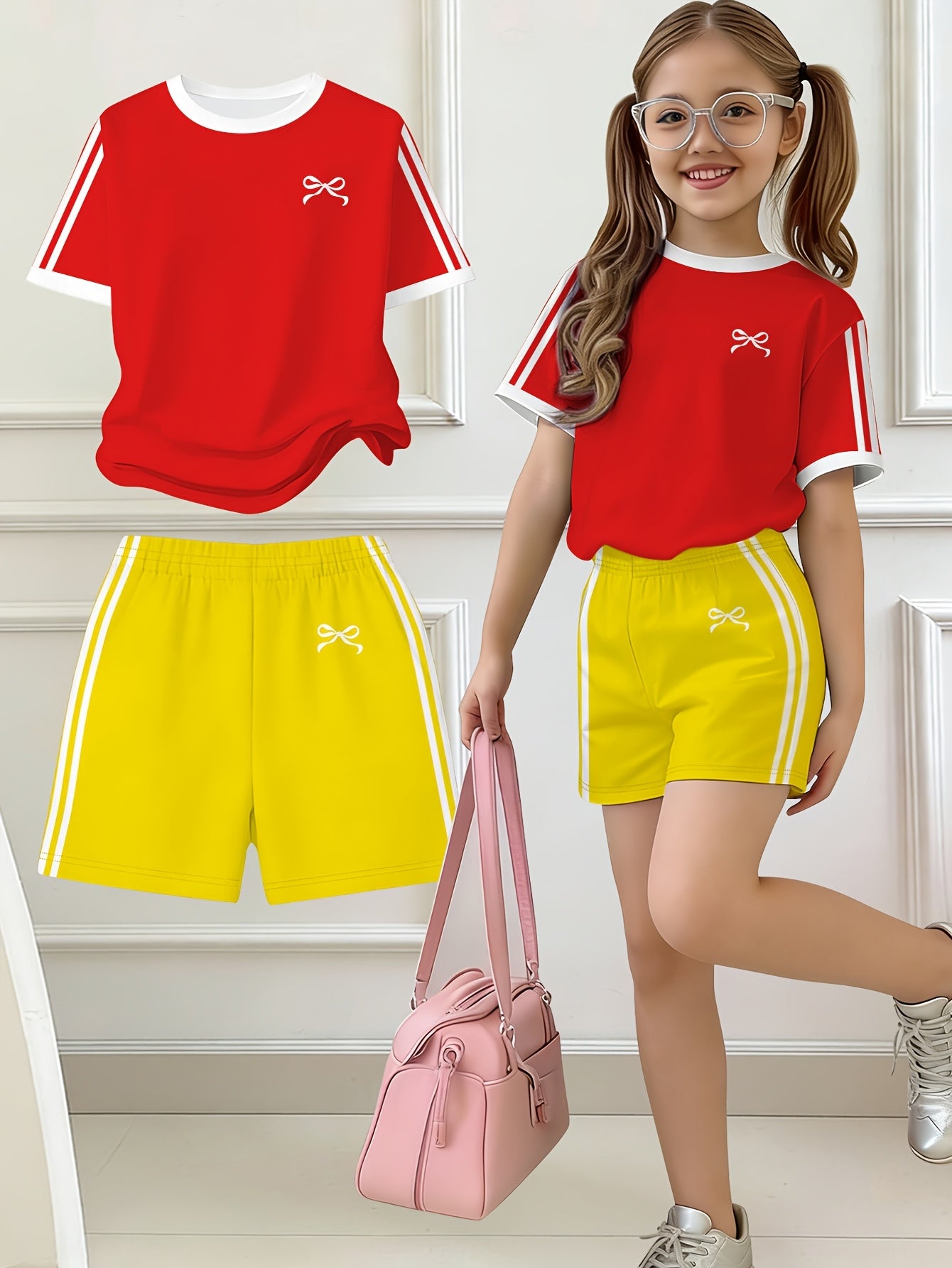 Girls' Butterfly Print Bow Short Sleeve Tee & Shorts Set