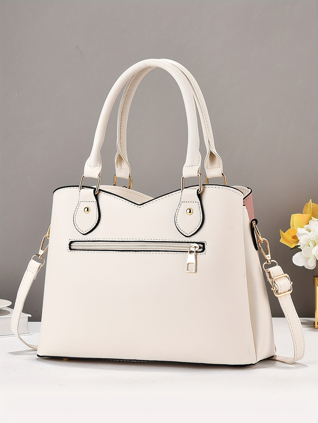 Wo 's Casual Geometric Two-Tone Large Capacity   Handbag with Adjustable   Strap, Detachable Wristlet & Zipper Closure - in Khaki/White/Pink/Red/Green/Black, Travel Accessory, Stylish Accessory, Durable Construction, Spacious