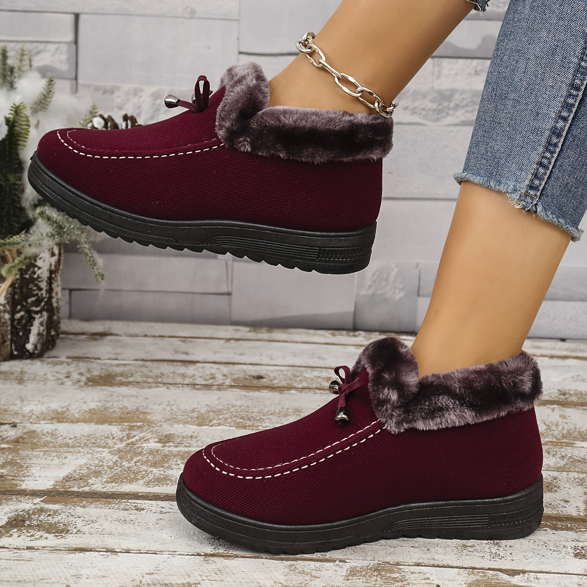 Women's Thick Fleece-Lined Non-Slip Warm Shoes for Winter | Slide On Indoor/Outdoor Casual Ankle Boots, Comfortable Flat Bottom Short , Winter Boots for Women Elegant Classy, Boots with Heels, Wide Width Boots for Women