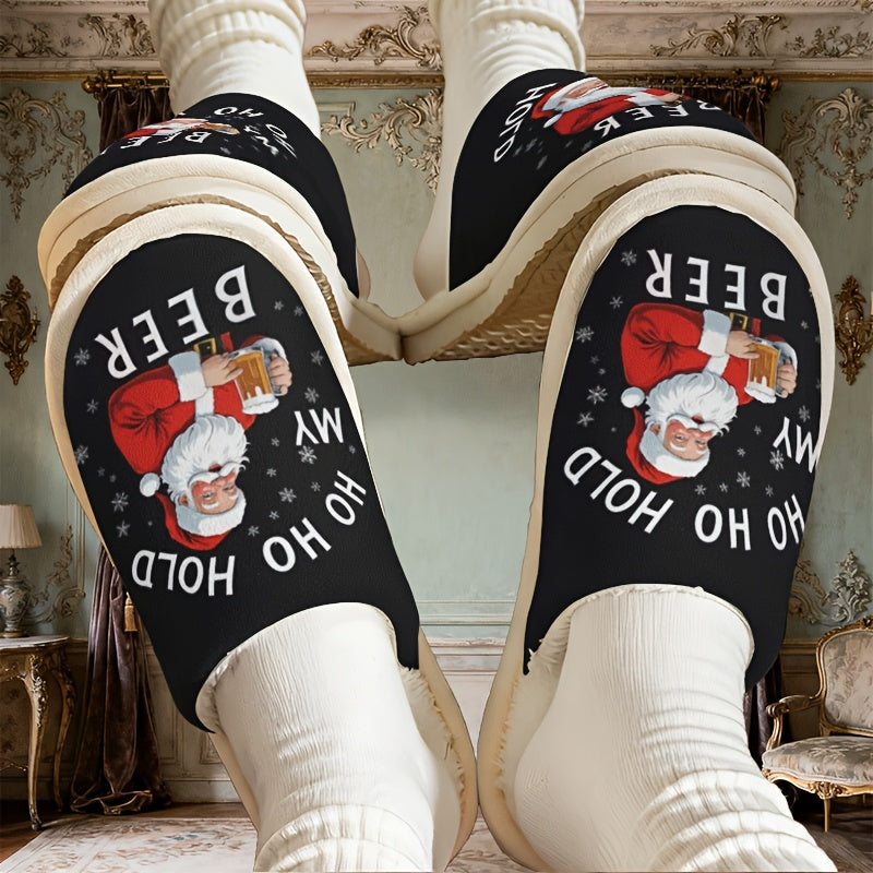 Funny Santa Claus Holding Beer Slippers - Soft Plush Slip-On Indoor House Shoes with Santa & Beer Design, Cozy Winter Footwear for Men & Women, Holiday Party Gift Idea (Hand Washable), Christmas Home Decor