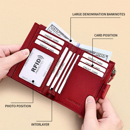 BANYANU Women'S Genuine Faux Leather Wallet - Red Lychee Grain Texture, Multi-Card Slots, Zippered Coin Pocket, Detachable ID Window, Compact Design for Everyday Use, Secure Coin Storage | Stylish Wallet | Synthetic