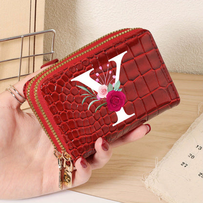 Minimalist Women'S Short Wallet Featuring a Double Zipper Design, with a Crocodile A-Z Letter Pattern. This Stylish Handbag Also Serves As a Fashionable Coin Wallet, Perfect for Travel, Back-To-School, Or Parties.