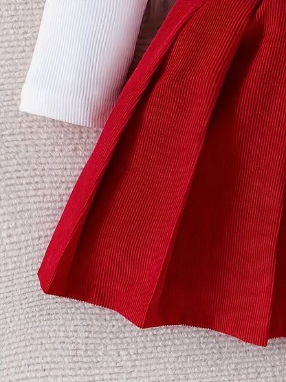 Girls' White Ruffled Sleeve Top & Red Pleated Skirt Set - Sweet Princess Style, Round Neck, Lightweight & Breathable Fabric, Perfect for Spring/Fall, Includes Matching Bow Tie, Ideal for Casual or Special Occasions, Princess