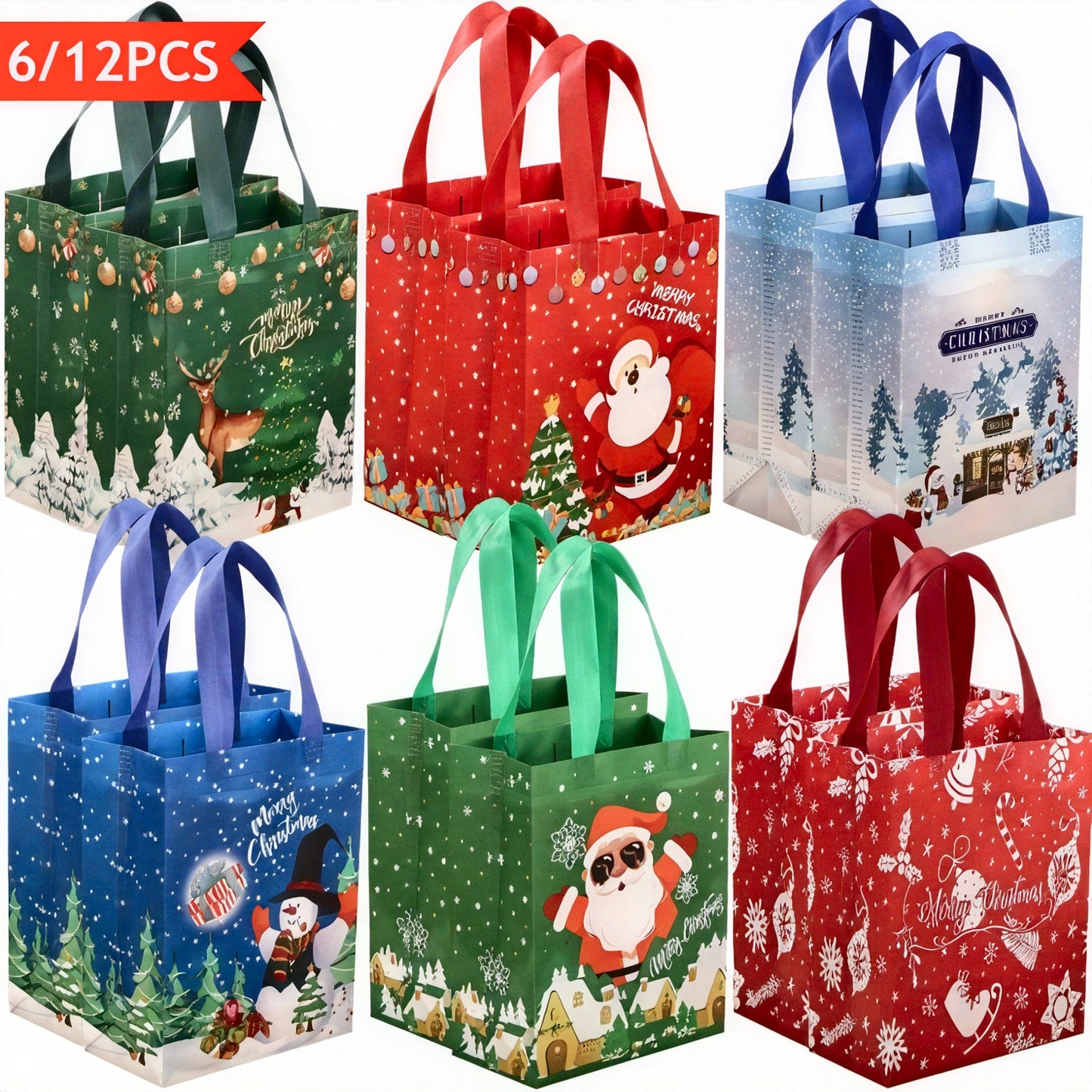 6/12pcs Christmas Gift Bags with Handles, Medium Reusable Non-Woven Tote Bags for Wrapping Gifts or Party Favors, New Year Shopping Bag, 25×20×10cm