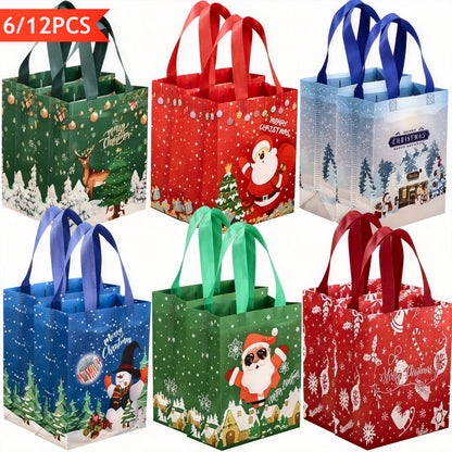 6/12pcs Christmas Gift Bags with Handles, Medium Reusable Non-Woven Tote Bags for Wrapping Gifts or Party Favors, New Year Shopping Bag, 25×20×10cm