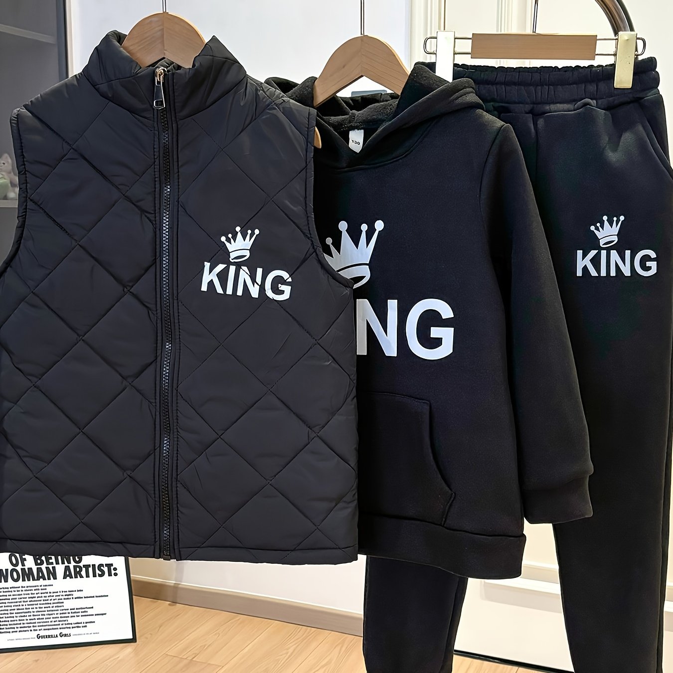3pcs Boys' Winter Thermal Full Set - Thick Zip-Up Vest, Hooded Sweatshirt & Full-Zip Pants Jacket with & KING Logo Print (Black) - Loose-Fit Cold Weather Outfits for &, Machine Washable, Perfect for Outdoor