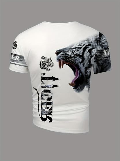 Men'S  Women'S "Tiger" Graphic T-Shirt - Casual, Stylish 3D Print Animal Design, White, Short Sleeve, Polyester Knit, Regular Fit, Streetwear Tee Bold Animal Print Stretchy Fabric