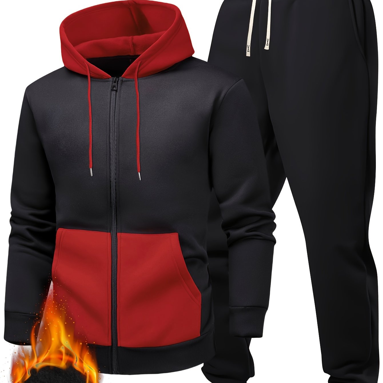 95% Polyester, 5% Spandex 2pcs Men's Set, -Lined Warm Casual Color-Block Zip-Up Sweatshirt with Pockets + Drawstring Pocket Elastic Waist Jogger Pants, 250g Men's Casual Sportswear Set, Global Four-Season Base Layer, Factory-