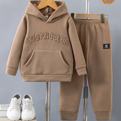 Casual Long Sleeve Hoodie & Joggers Warm Set, LOS ANGELES Letter Embossed Design, 2-piece Boys Co Ord Set For Winter Fall Daily And Outdoor Wear
