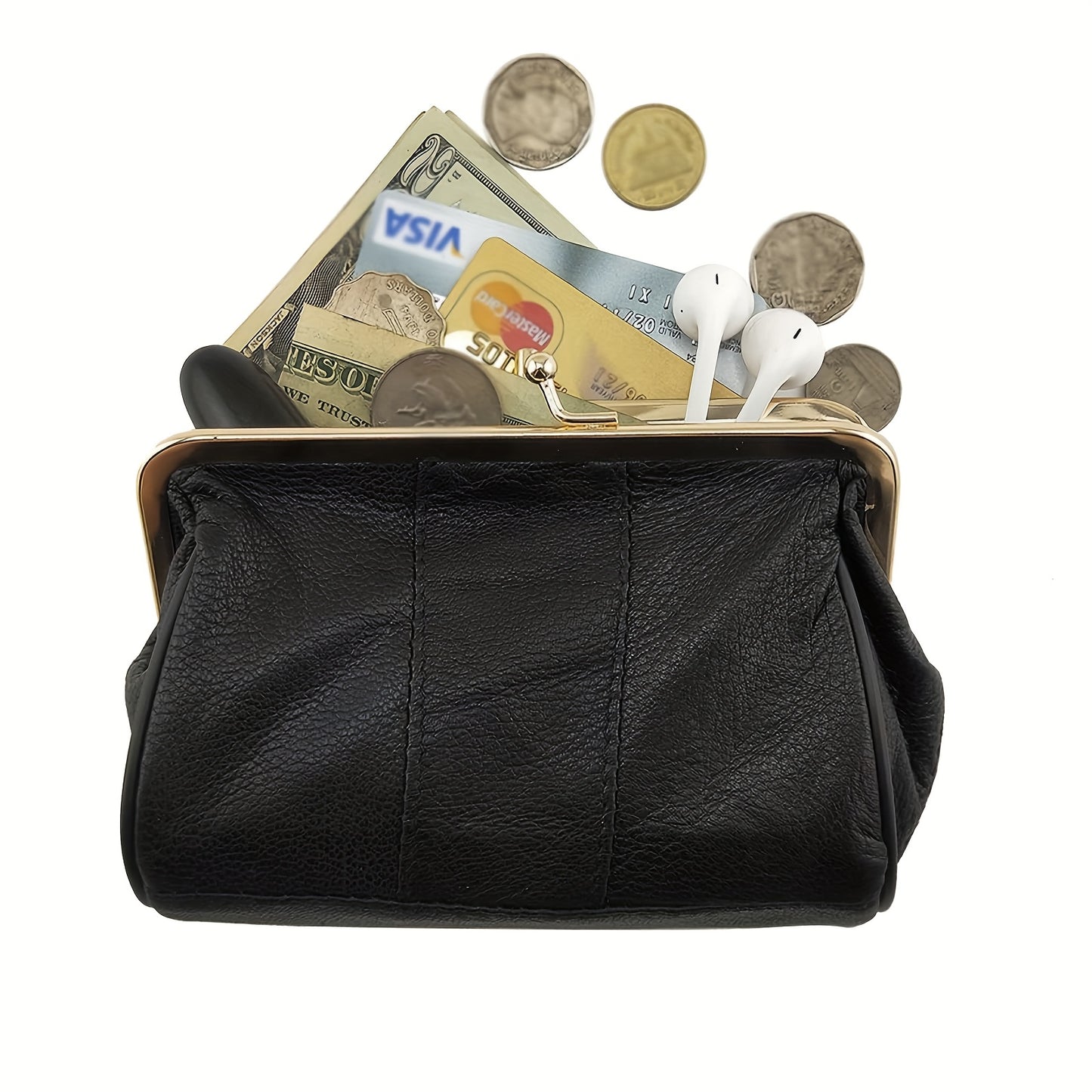 Vintage-Style Genuine Leather Clutch with Golden Metal Frame – Black Mini Wallet for Women, Compact Coin Purse & Key Holder, Elegant Textured Design