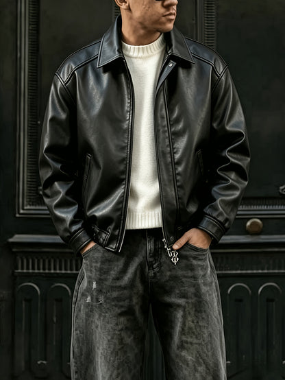 Men's Loose Fit Lapel Workwear Jacket with Snap Closure