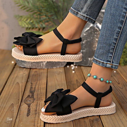 Elegant Women's Mary Jane Flat Sandals with Black Bow Detail - Lightweight Soft Microfiber Slip-On Open-Toe Beach Shoes, Comfortable EVA Sole for Casual  Formal Wear, All-Season Versatile Design, Summer Footwear, Bowadorned