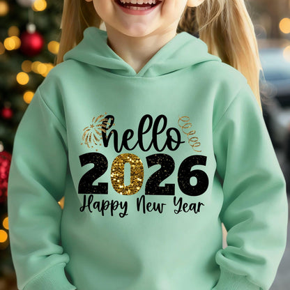 Girls' 2026 New Year'S Hooded Sweatshirt - Hello 2026 Happy New Year Lettering, Mint Green with Golden Glitter Accent, Cozy Fleece Pullover for Christmas & New Year, Winter Casual Wear, Christmas Sweatshirt, Festive Clothing,