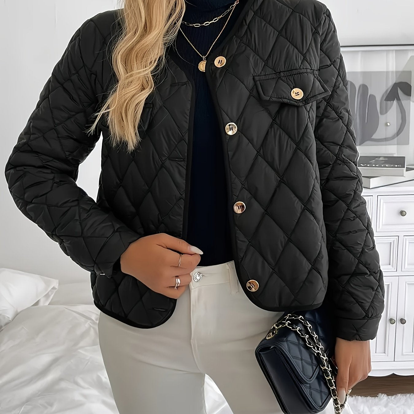 Women'S Quilted Jacket with Golden Buttons - Stylish White Long Sleeve Coat, Casual Fit, Faux Pockets, Perfect for Casual Attire, Casual Wear Jacket | Quilted Jacket | Buttoned Jacket