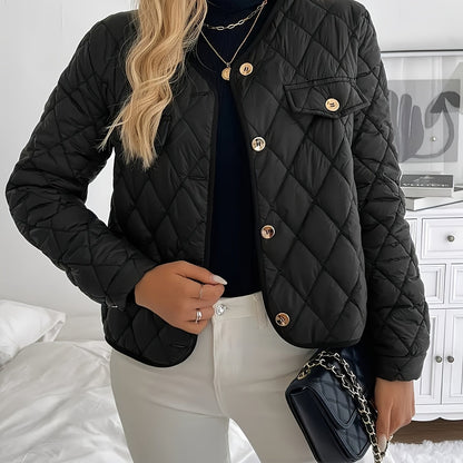 Women'S Quilted Jacket with Golden Buttons - Stylish White Long Sleeve Coat, Casual Fit, Faux Pockets, Perfect for Casual Attire, Casual Wear Jacket | Quilted Jacket | Buttoned Jacket