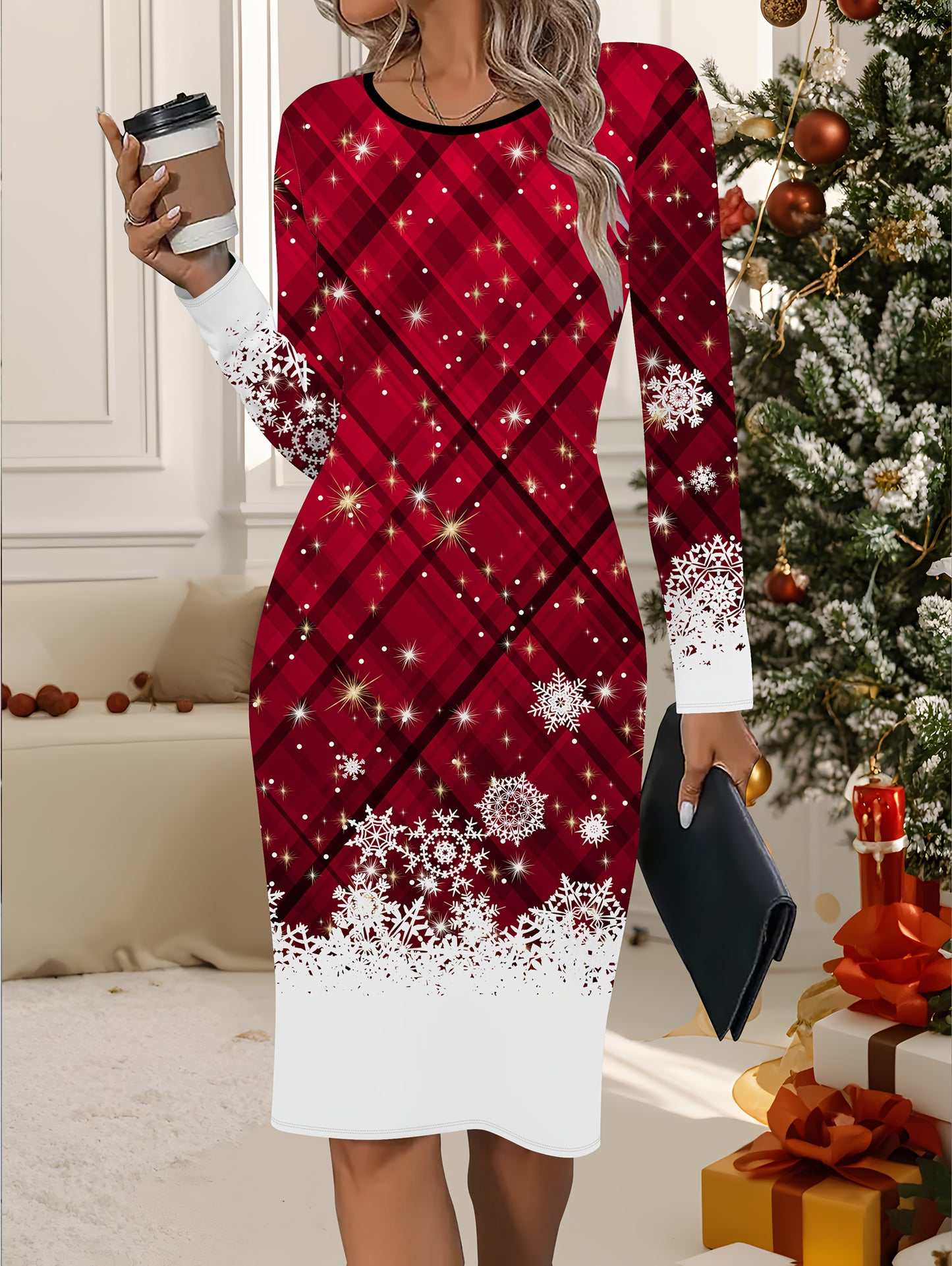 Women's Red & White Plaid Christmas Dress with 3D Snowflake Print - Long Sleeve A-Line Party Dress, Short Jacket-like Top, Machine Washable Winter Outfit for Holiday Parties, New Year's & Casual Wear (No Dryer)