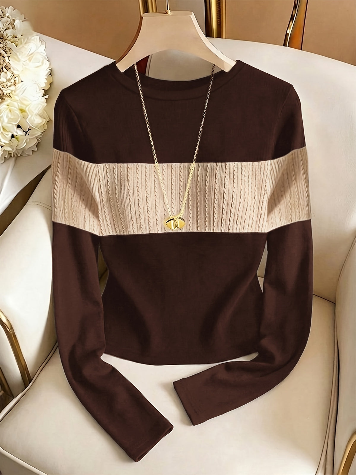 Women's Elegant Color-Block Long Sleeve Crew Neck Top