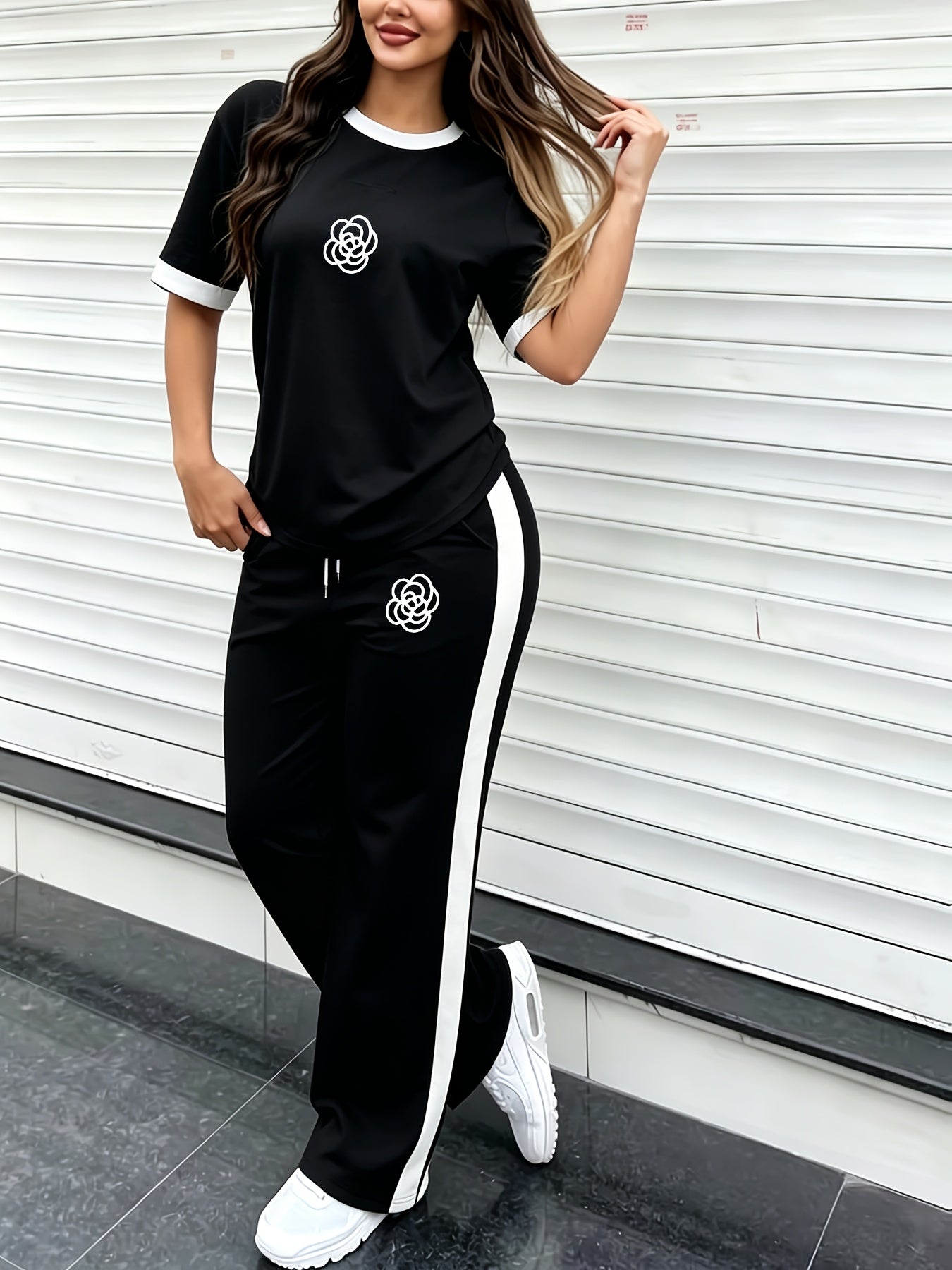 Women's Casual Color-Block Print Short Sleeve Top & Pants Set