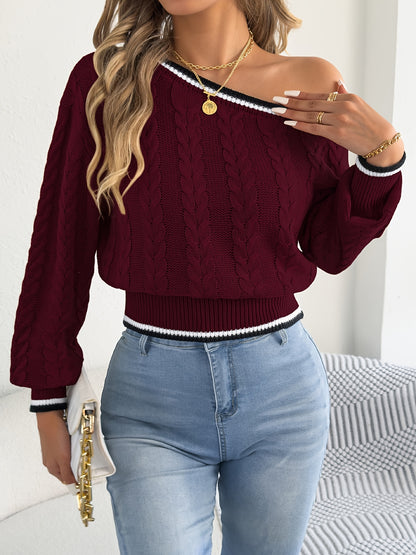 Autumn and Winter Casual Vacation Off-Shoulder Long Sleeve Pullover Sweater with Waist Cinching Striped Cable Stitch Women's Cardigan