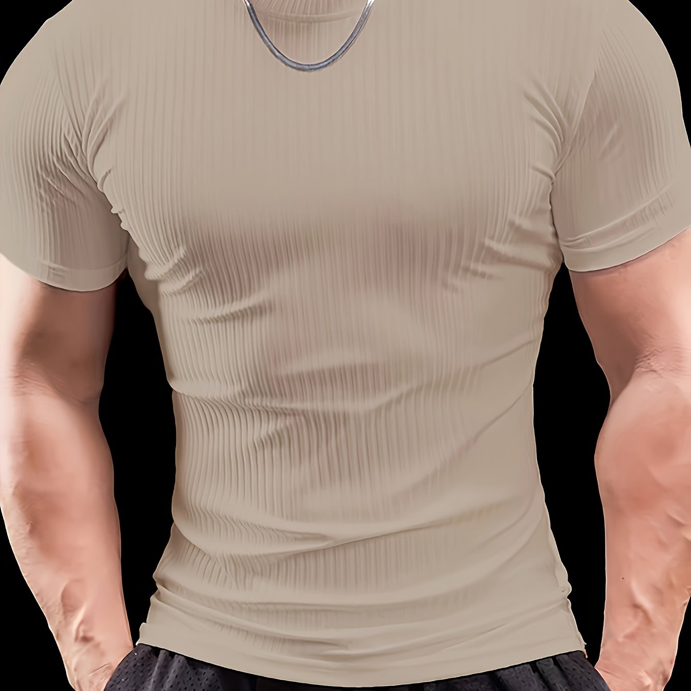 Men's Slim Fit Ribbed Short Sleeve T-Shirt - Stretchy Athletic  Casual Wear, Green, Round Neck, Machine Washable, Muscle-Enhancing Design, Gym Shirts