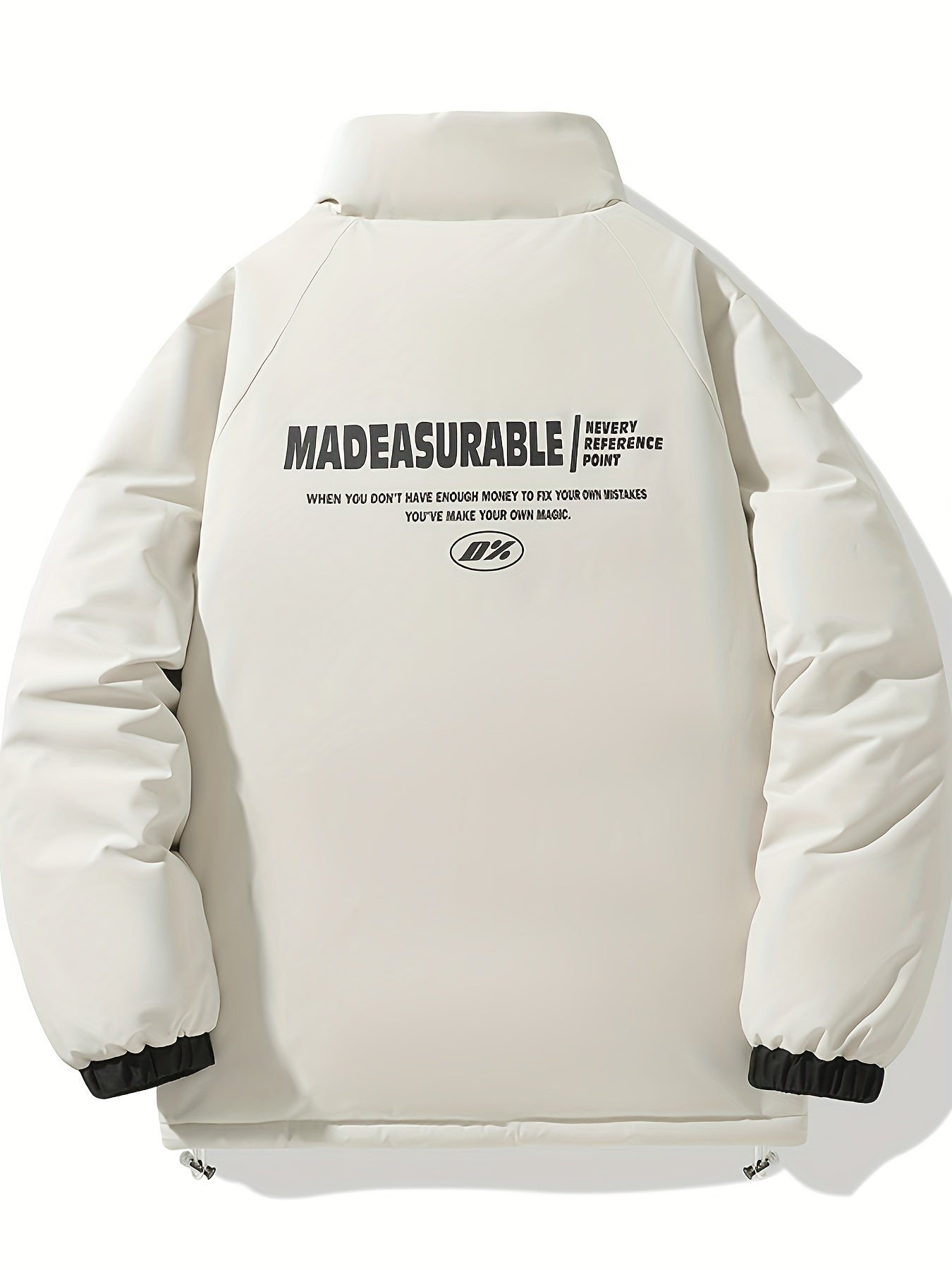 Men'S Double-Sided Winter Jacket - Thickened Stand Collar, Zip-Up Casual Long Sleeve Coat with "MADEASURABLE" & "I CONUT" Branding, Black & White, Regular Fit for Autumn & Winter, Autumn Outerwear, Bold Lettering, Durable Fab