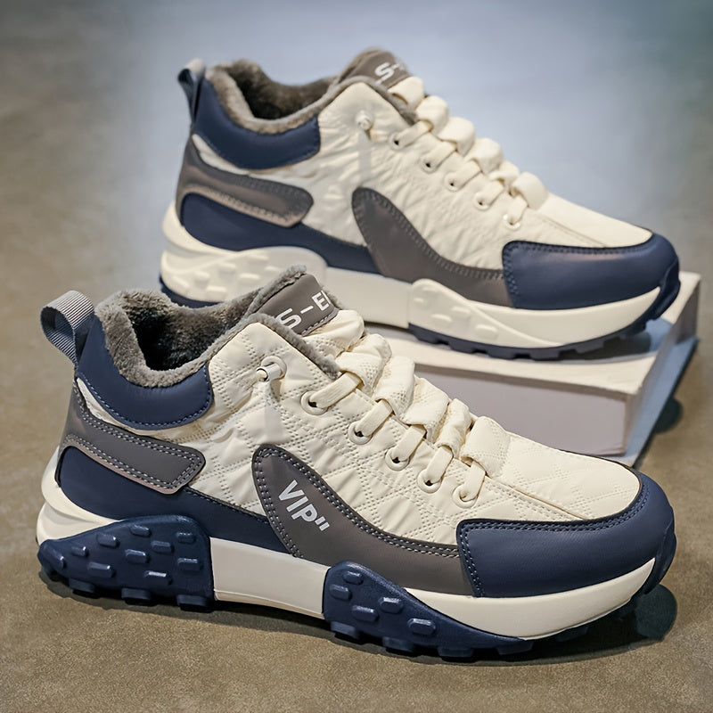 Men'S Stylish Color-Block Plush-Lined Winter Sneakers - Warm, High-Stability Running Shoes with Lace-Up Closure, Geometric & Solid Color Design, Synthetic & Fabric Upper, PVC Sole for Casual & Outdoor Activities, Winter Sneak