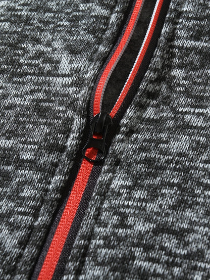 Men's Sporty Full-Zip Stand Collar Sweatshirt - Long Sleeve Casual Pullover with Neon Green Accents, Solid Color Non-Stretch Fabric, Regular Fit for Fall Winter