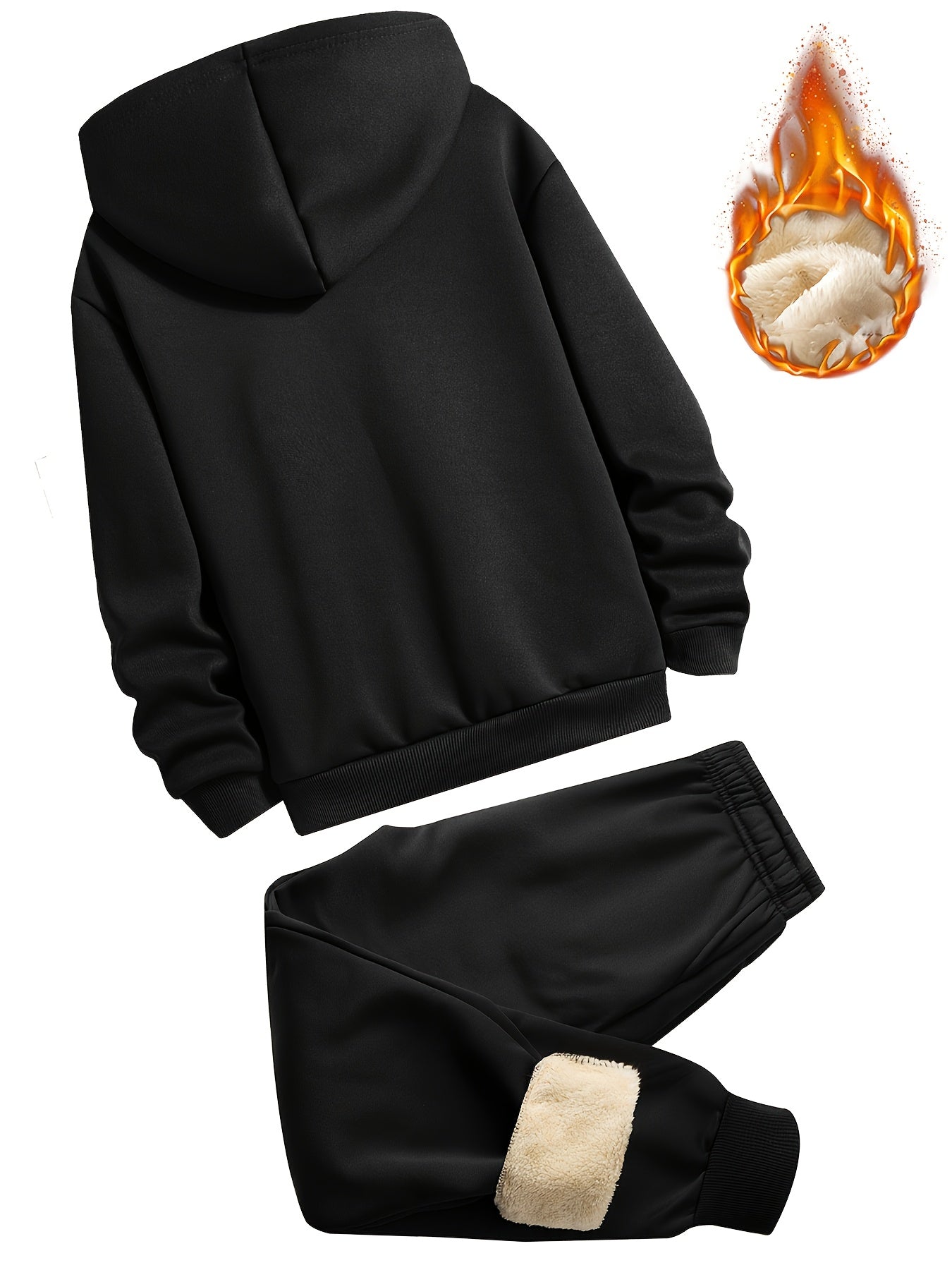 2pcs Boys' Fleece-Lined Hooded Sweatshirt + Casual Pants Set, Solid Color Long-Sleeved Zip-Up Top with Medium Stretch Warm Fabric for Autumn/Winter Season, Perfect for