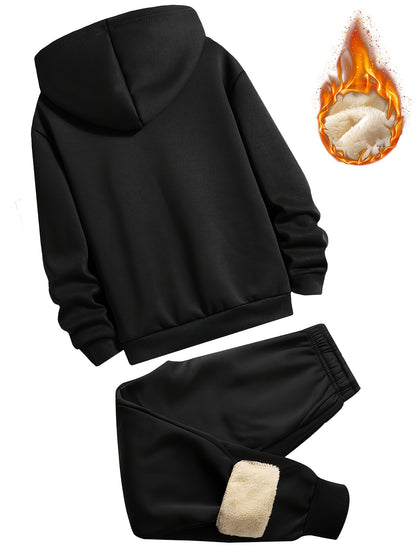 2pcs Boys' Fleece-Lined Hooded Sweatshirt + Casual Pants Set, Solid Color Long-Sleeved Zip-Up Top with Medium Stretch Warm Fabric for Autumn/Winter Season, Perfect for