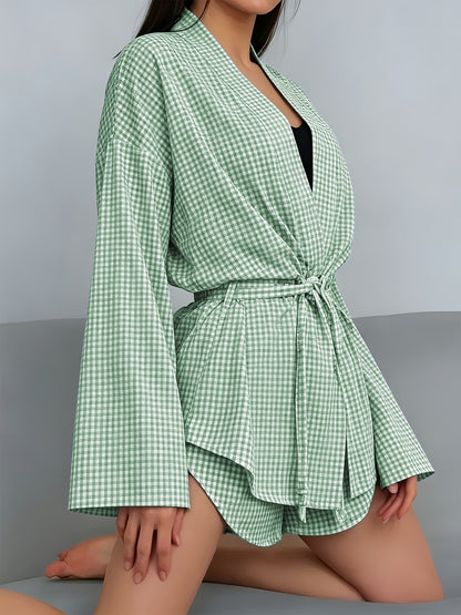 Women's Casual Plaid Viscose-Linen Cardigan Set for Summer