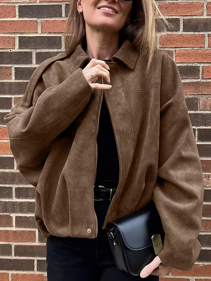 Women'S Vintage Bomber Jacket - Loose Fit Long Sleeve Zip-Up with Drop Shoulder Design, Brown Casual Outerwear for Fall/Winter, Non-Stretch Fabric, Perfect for Casual Attire, Autumn Winter Jacket | Vintage Bomber Style | Zipp