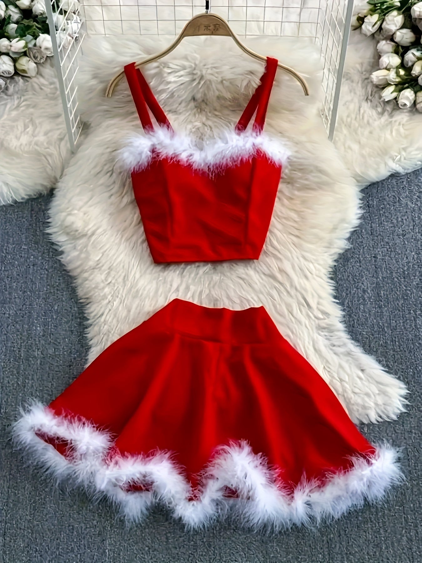 2025 New Christmas Party Event Gathering Date Plush Trim Sweet Sexy Women's Skirt Set