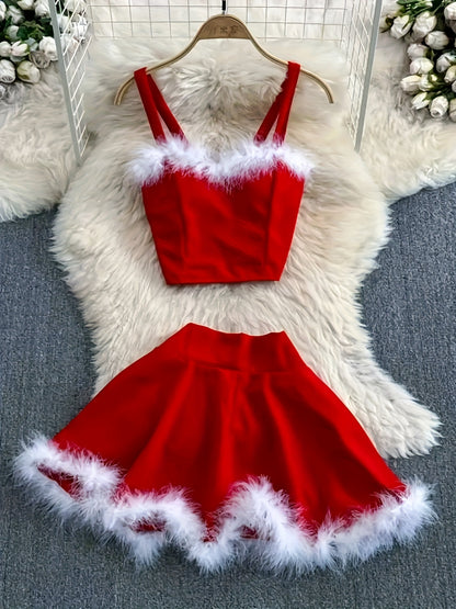2025 New Christmas Party Event Gathering Date Plush Trim Sweet Sexy Women's Skirt Set