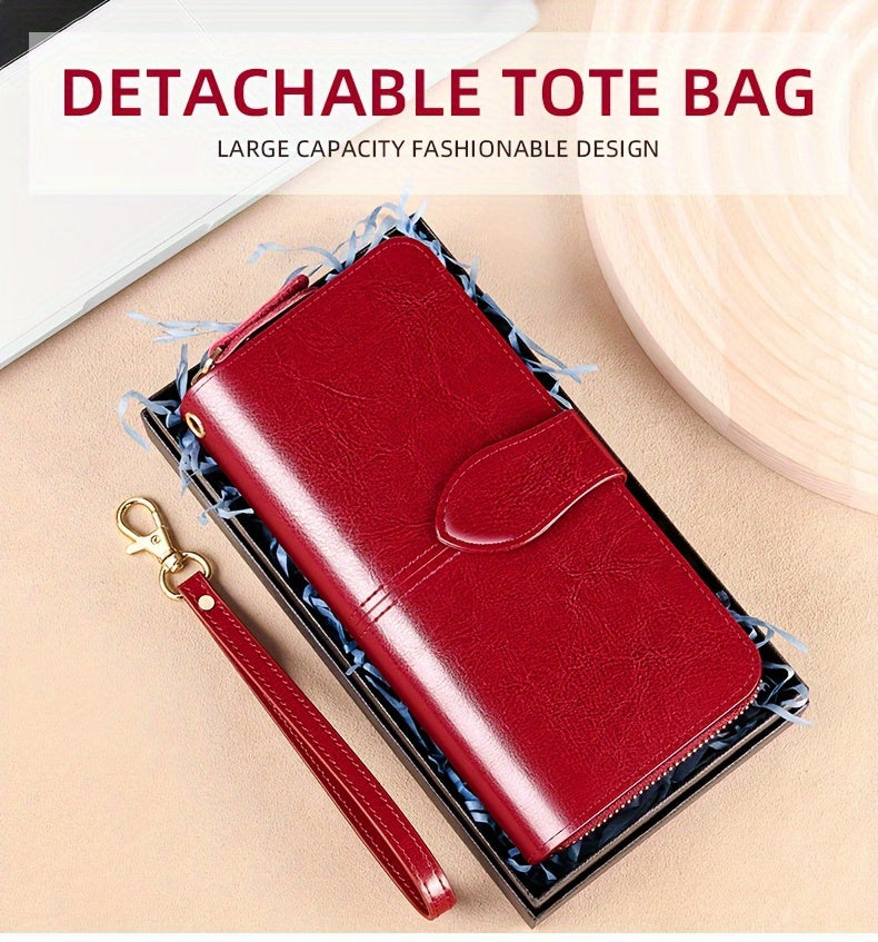 Two-Layer Cowhide Leather Clutch Wallet for Men & Women, Casual Large Capacity RFID Blocking Zippered Hand Purse with Transparent ID Slot and Anti-Theft Brush, Versatile for Going Out