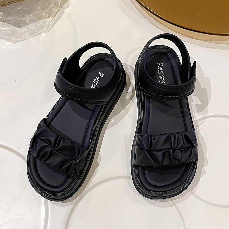 Women's Solid Color Flat Sandals, Casual Open Toe Summer Shoes, Comfortable Ankle Strap Sandals