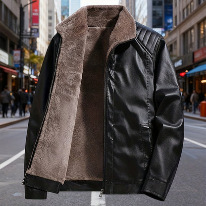 Men'S Faux Leather Jacket with Fleece Lining, a Warm Winter Coat Featuring a Stand Collar And Zip Closure, Stylish Casual Menswear, Available in Black/Brown Fashionable Motorcycle Jacket, Windproof And Warm, Perfect for Cold