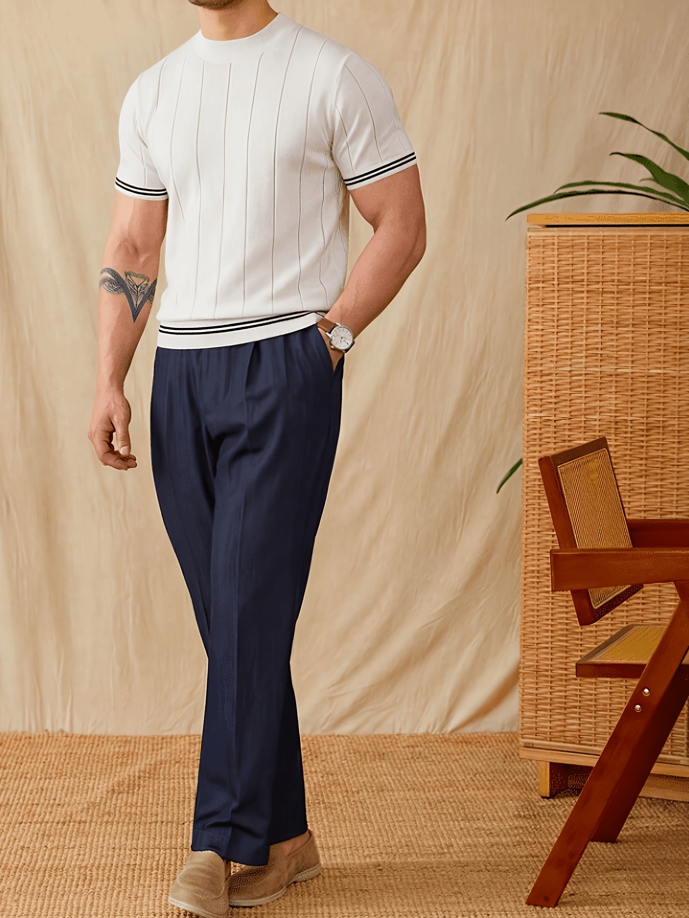 Men's Summer Ribbed Striped Fitted Knit Shirt Casual Style