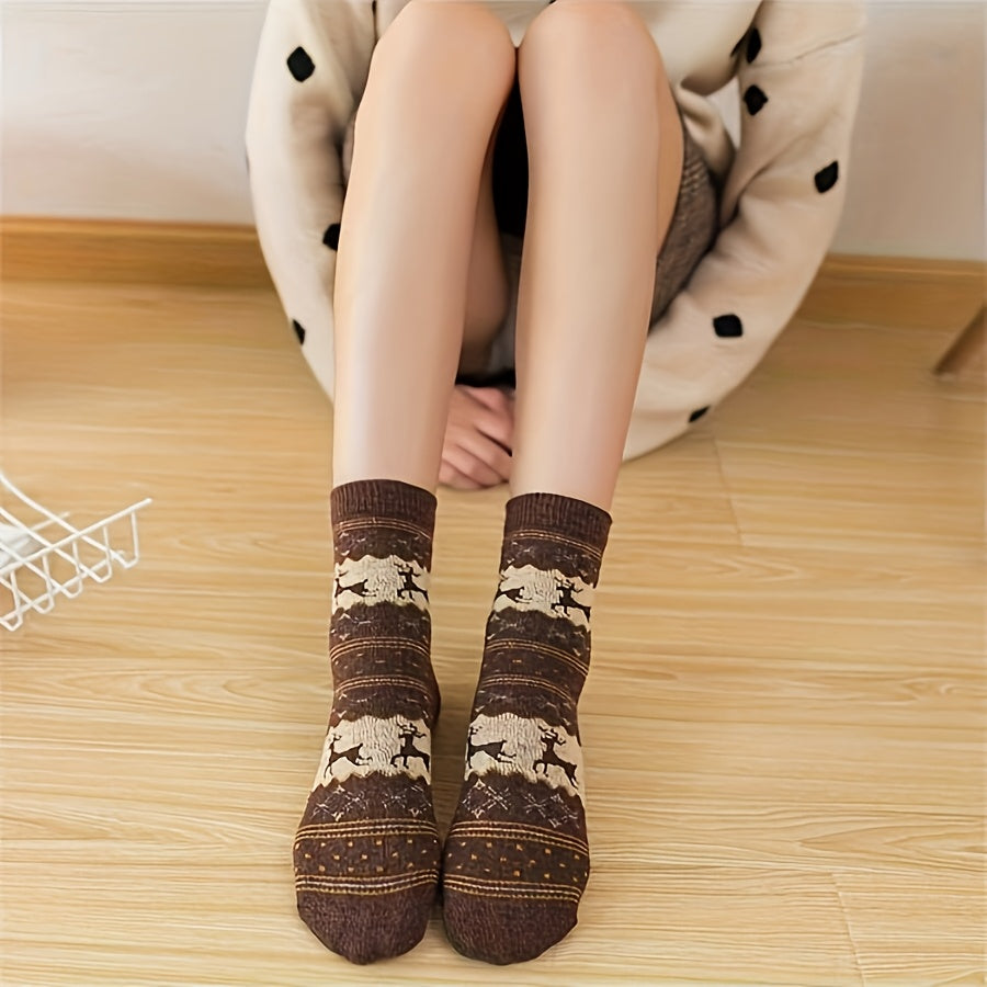 6pcs/3pairs Reindeer Print Thick Socks, Comfortable and Warm Christmas Mid-Calf Socks, Unisex Socks, Christmas Socks, Festive Socks, Cozy Socks, Warm Winter Socks