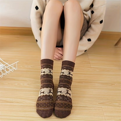 6pcs/3pairs Reindeer Print Thick Socks, Comfortable and Warm Christmas Mid-Calf Socks, Unisex Socks, Christmas Socks, Festive Socks, Cozy Socks, Warm Winter Socks