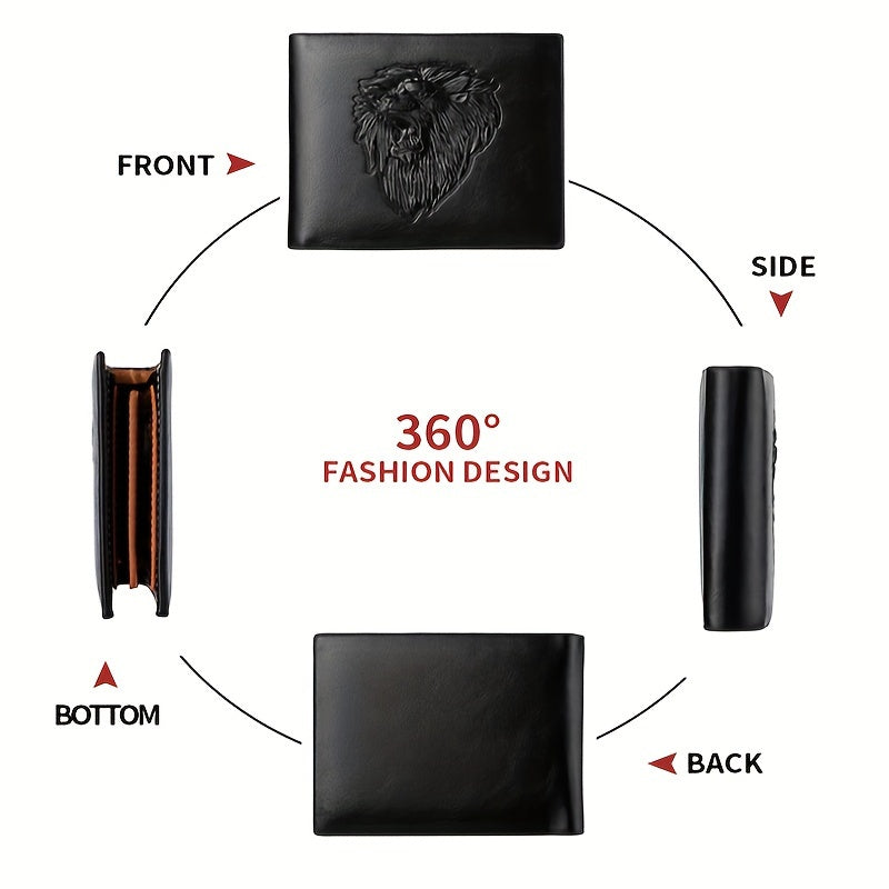 1pc Men's Lion 3D Embossed Pattern Wallet, Business PU Leather Wallet