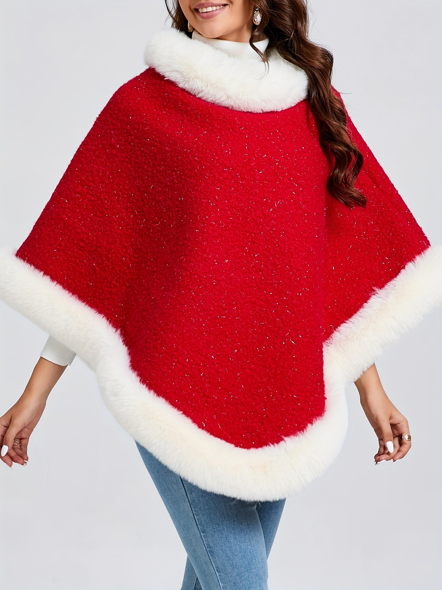 1pc Women's Elegant Red & White Faux-Fur Collar Winter Coat - Thickened Warm Jacket with Round Neck, Loose Fit Blazer for Christmas, New Year, Parties & Daily Wear - 100% Polyester (Hand Wash/Dry Clean) - Coat of Many Colors,