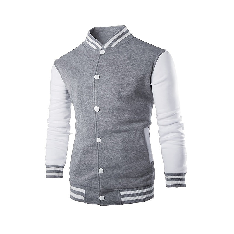 Men'S Casual Baseball Jacket - Stylish Black with White Stripes, Button-Up, Long Sleeve, Perfect for Spring & Fall, Casual Attire, Casual Wear|Baseball Jacket| Constructio