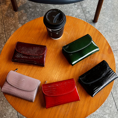 Women'S Luxury Genuine Leather Wallet - European & American Style Compact Trifold with Magnetic Closure, Golden-Tone Hardware, Zipper Pocket - Elegant, Red