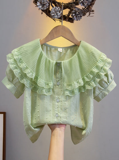 Girls' Summer Short Sleeve Shirt with Lace Collar, Preppy Style