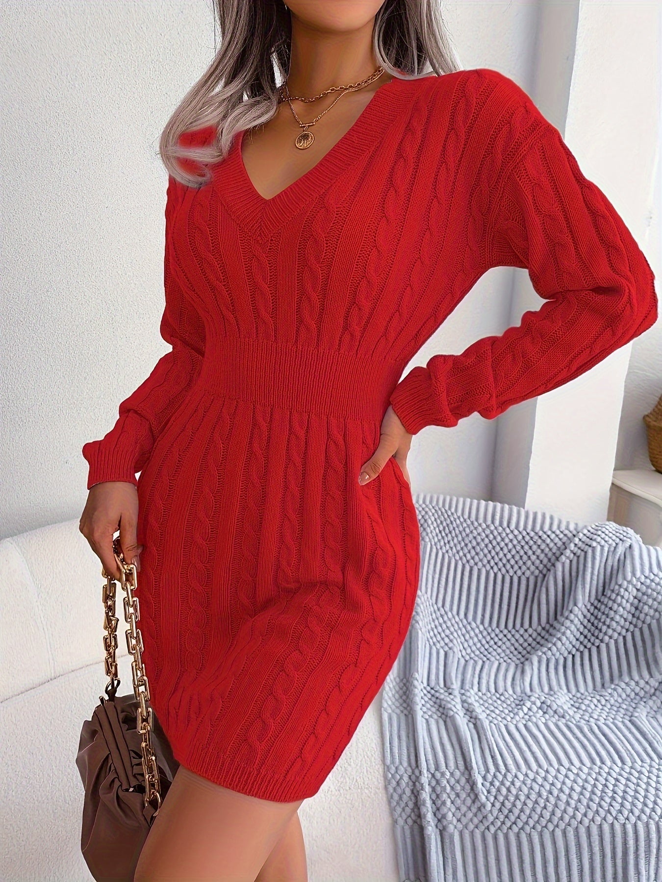 Women's White/ Twist- V-Neck Shorter-to-Oversized-Hem White Button-like Placket (No Buttons) Dress - Full-Length Long Sleeve Winter Winter Short/Long Dress (No) - Slim-Fit Tummy Control for Fall/Winter (Low-Maintenance