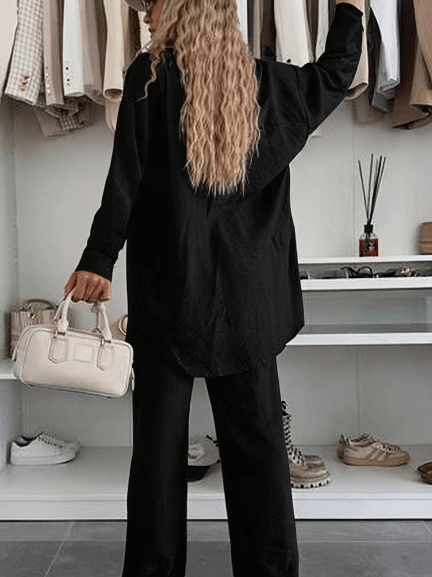 Women's Loose Shirt & Wide-Leg Pants Set - Elegant Polyester