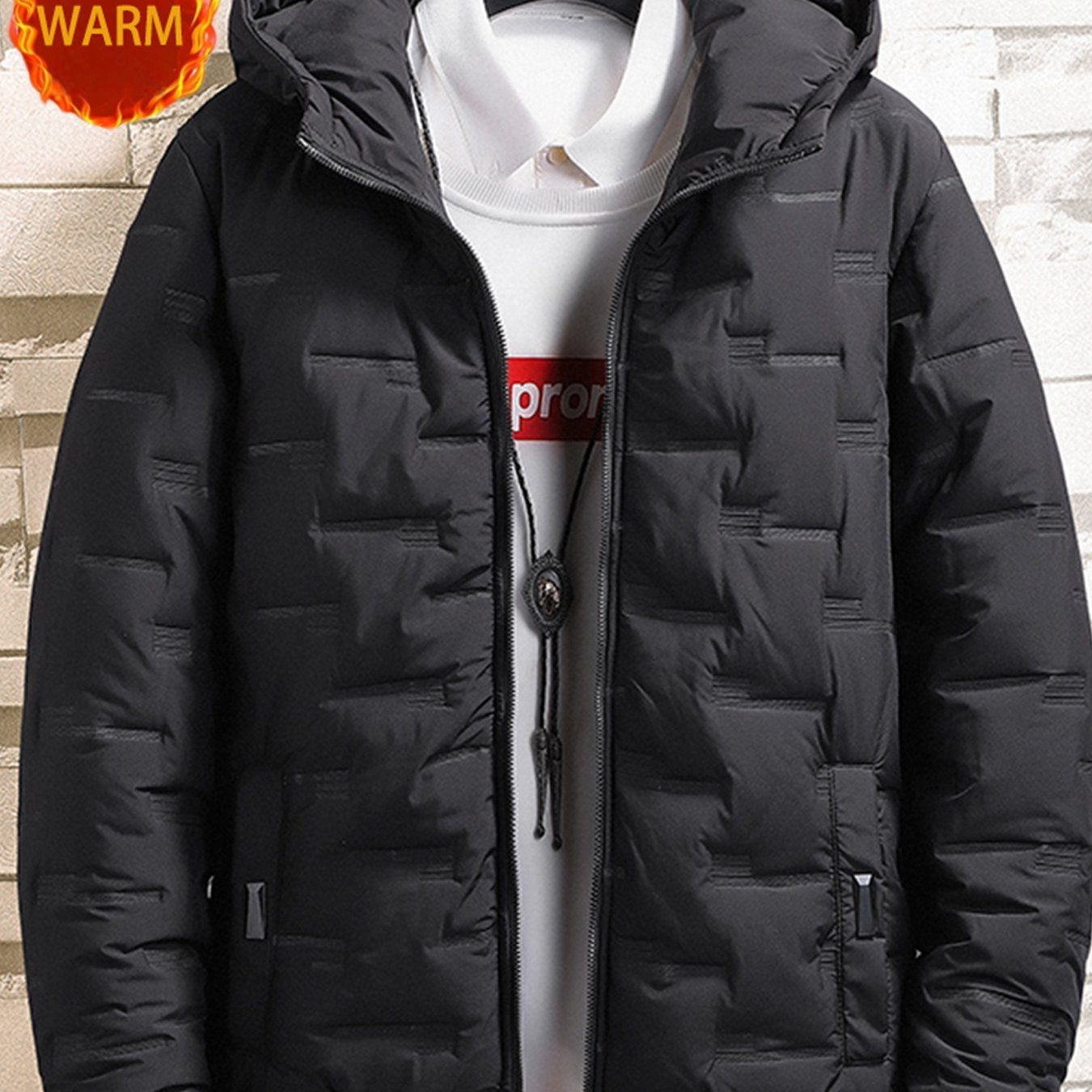 1pc Men's Heavy-Duty Winter Jacket with Hood - Stand Collar & Zippered Pockets, Grey/Black & White, Machine Washable Cold Weather Coat for Skiing, Snowboarding, Outdoor Activities (-Filled)