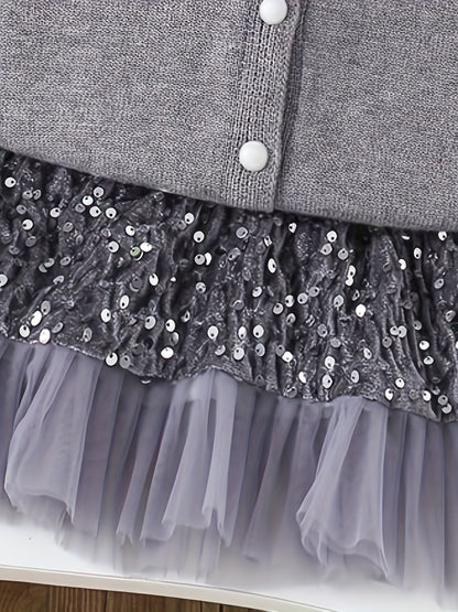 2pcs Girls' Elegant Sequin Trim Sweater & Sparkle Tulle Tutu Skirt Set - Red & Golden Glittery Party Outfit with Ruffled Hem, Long Sleeve Round Neck Top & Layered Tulle, Perfect For Halloween, Christmas, Photo Shoots, Pageant