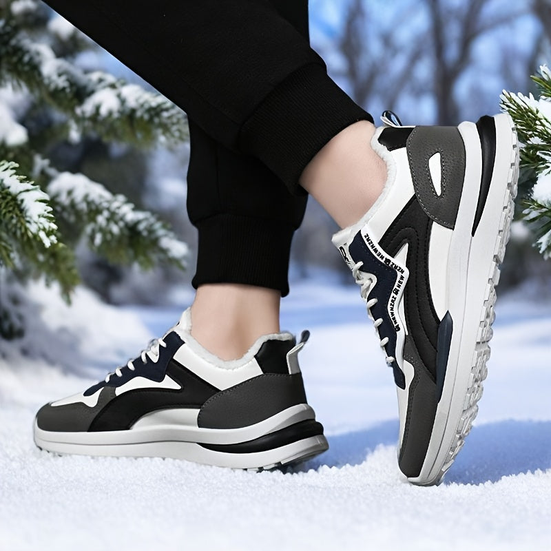 Men's Winter Warm Thermal Insulated Snow Boots - Low-Top -like Upper, Slip-Resistant Rubber Sole, Cushioned Arch Support & Traction Tread for Hiking, Walking, Casual Outdoor - All-Terrain Winter Shoes for Men (Black/White/Gre