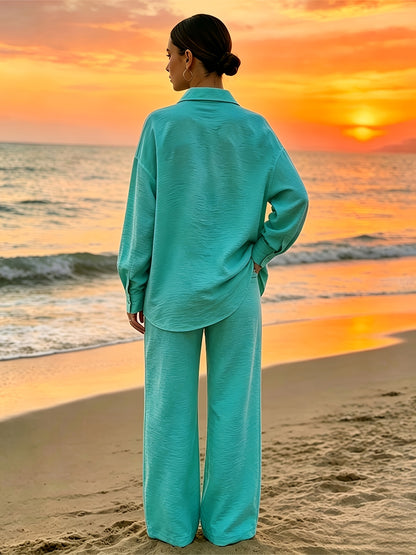 Elegant Solid Color Vacation Set: Loose Long-Sleeve Shirt & Wide-Leg P